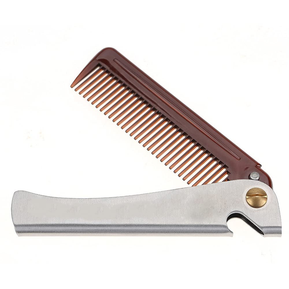 Folding Mustache Comb For Men, Stainless Steel Anti Static Beard Straightener For Men, Folding Pocket Moustache Shaping Comb Round Teeth Beard Comb For Grooming (Amber