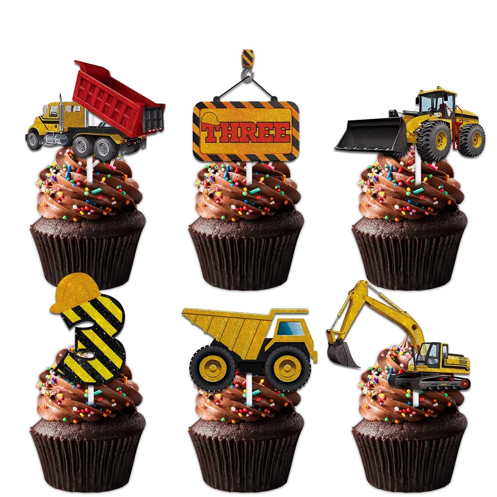 18pcs Gold Glitter Dessert Cupcake Topper Pick for Construction Tool Worker Three Years Old Theme Decor Supplies Kids Happy 3rd Birthday Party Decorations