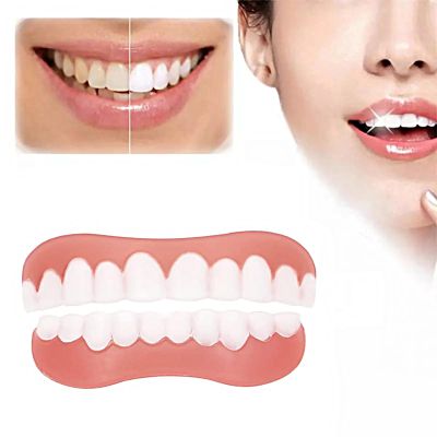 Wttfc 2 Pair Instant Veneers Dentures, Whitening Cosmetic Tooth Set Temporary Fake Teeth Veneers Clip in Veneers Teeth Snap on Veneers Teeth Top and Bottom Snap on Dentures False Teeth Veneers