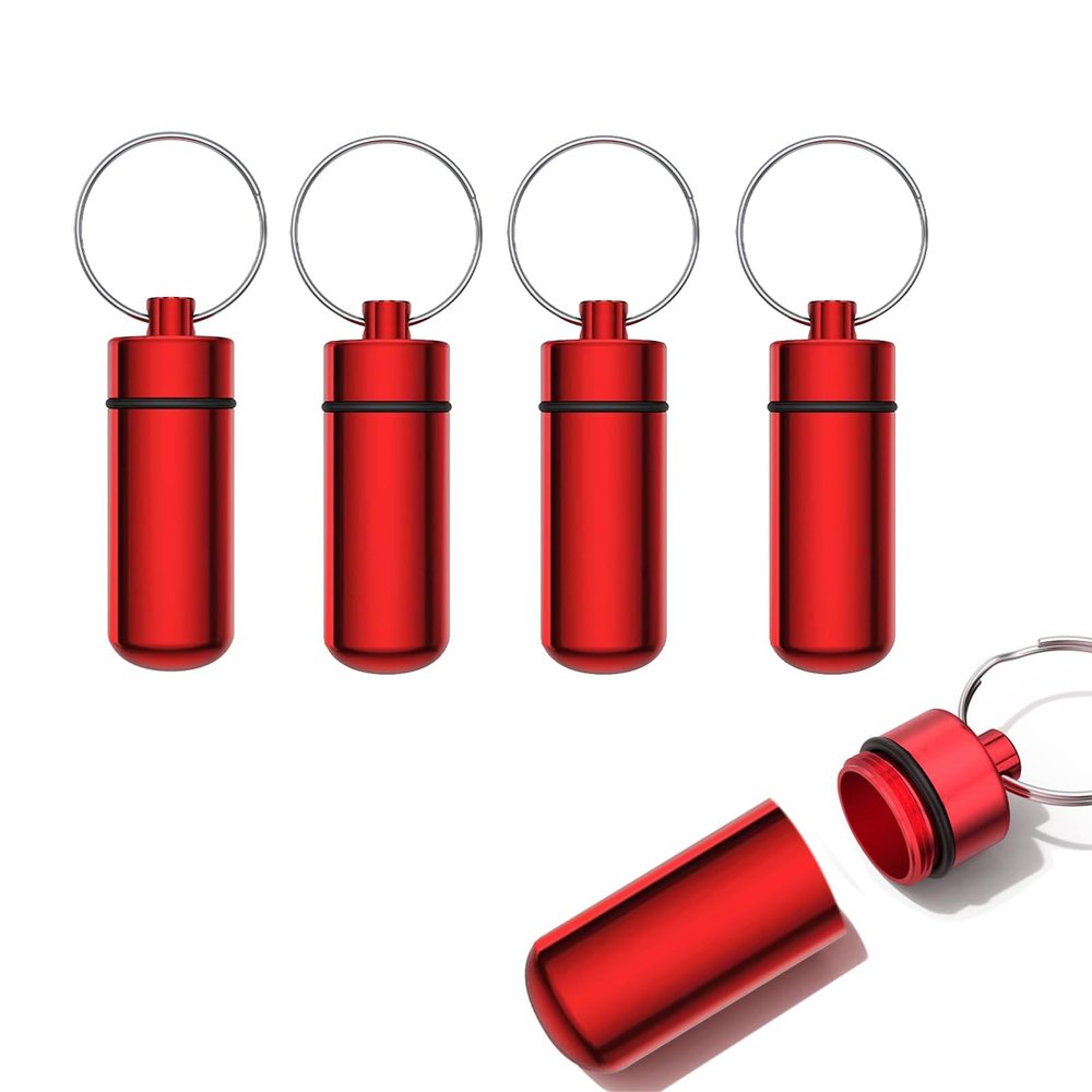SKYPRO 5 Pcs Portable Pill Case First Aid Pill Container Mini Pill Container Waterproof Aluminum Keychain Pill Case Keychain for Medications, Vitamins and Supplements (Red)