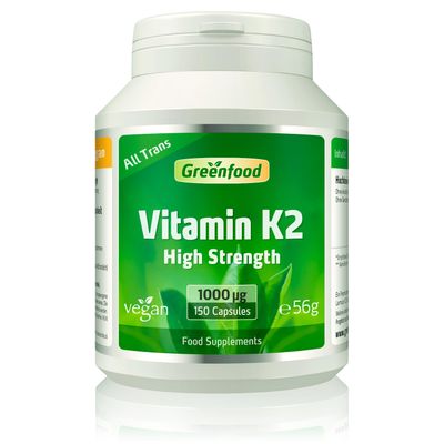 Vitamin K2 (MK7, All-Trans), 1000 g, high dose, 150 Capsules - Key Factor for Bone Formation,Maintenance and Normal Blood clotting. Without Artificial additives. Without GMO. Vegan.