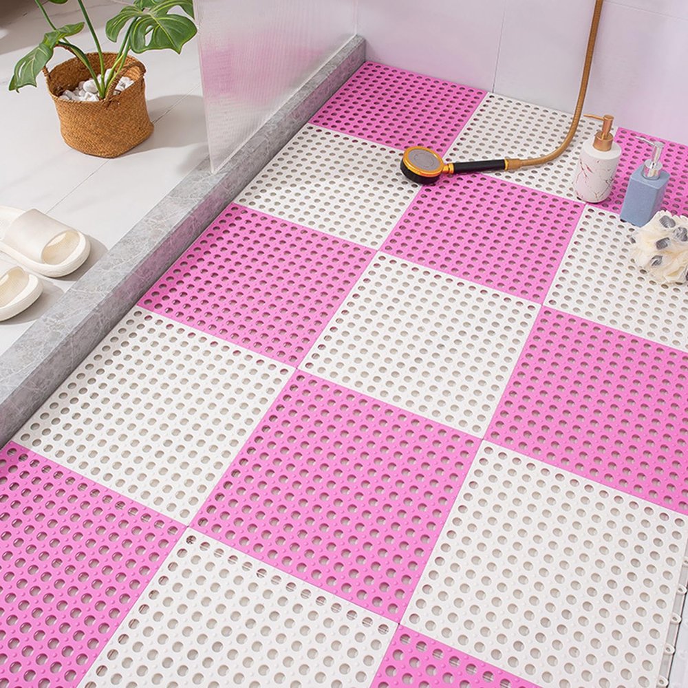 10pcs/9.7 Sqft Non-Slip Interlocking Tiles, 12" X 12" Splicing Bath Floor Mat, Waterproof Mat for Domestic or Commercial Use(Color:yellow) (Pink+white)