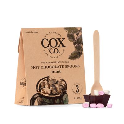 Cox&Co. English Mint Hot Chocolate Spoons | 3 x 60% premium Colombian Single Origin Dark Chocolate | 3 x 45g Hot Choc sticks with vegan marshmallows | Vegan Friendly