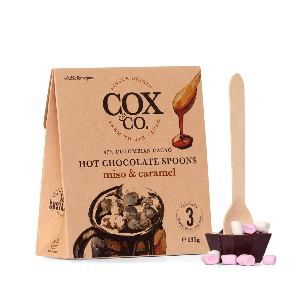 Cox&Co. Caramel & Miso Hot Chocolate Spoons | 47% premium Colombian Single Origin Chocolate | 3 x 45g Hot Chocolate sticks with marshmallows | Vegan Friendly
