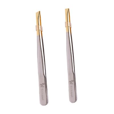 Baluue 2pcs Essential Eyebrow Tools Stainless Steel Tweezers Flat Oblique Tips for Makeup