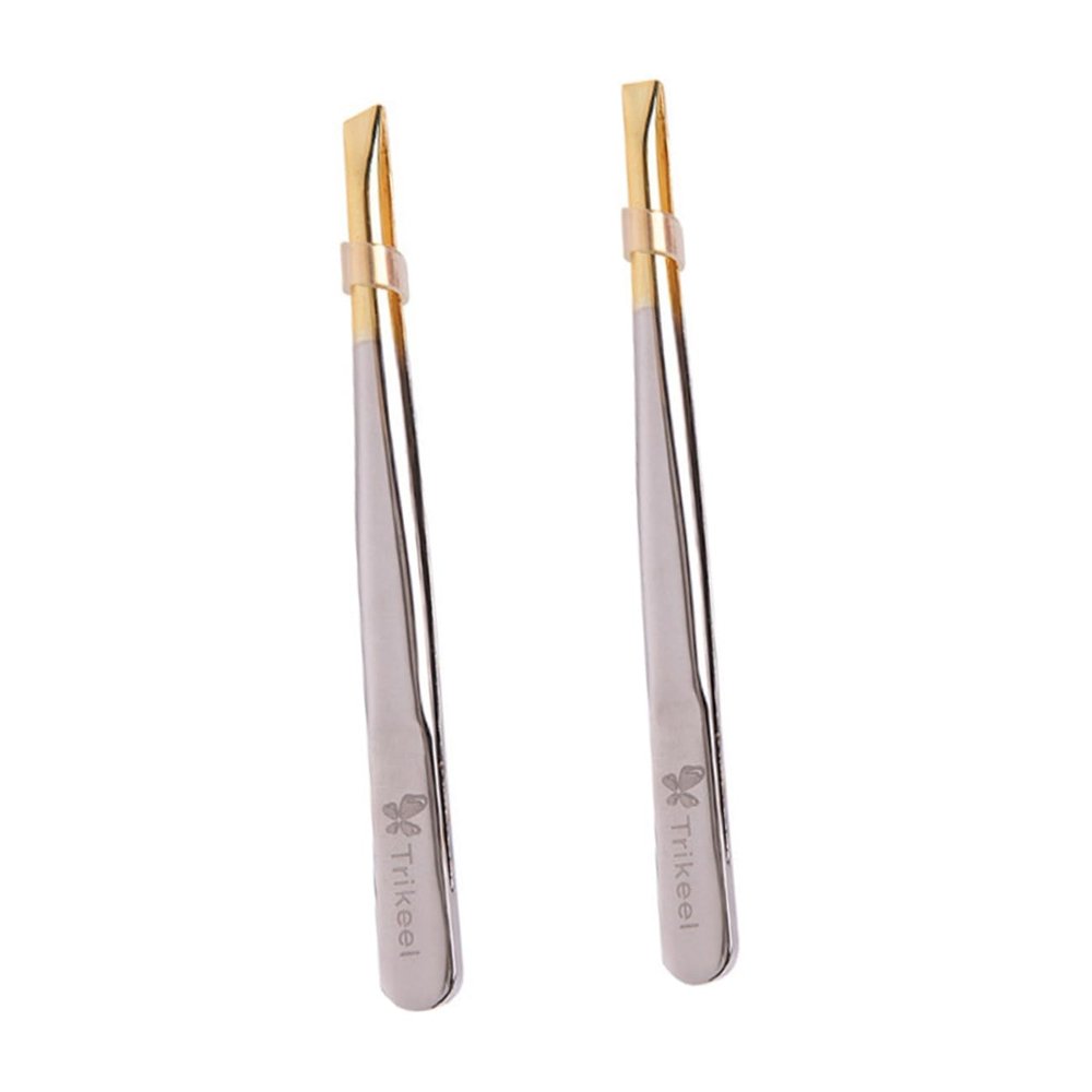 Baluue 2pcs Essential Eyebrow Tools Stainless Steel Tweezers Flat Oblique Tips for Makeup