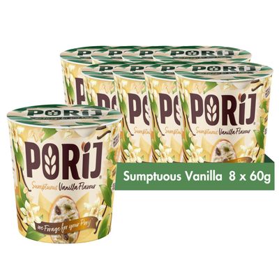 PORiJ Vanilla Instant Porridge Oats 8 x 60g - Quick Breakfast Snacks Ready to Eat in Minutes Instant Porridge Pots with Pre Biotics Multipack Ready Meals High Fiber & Protein Vegan Oats