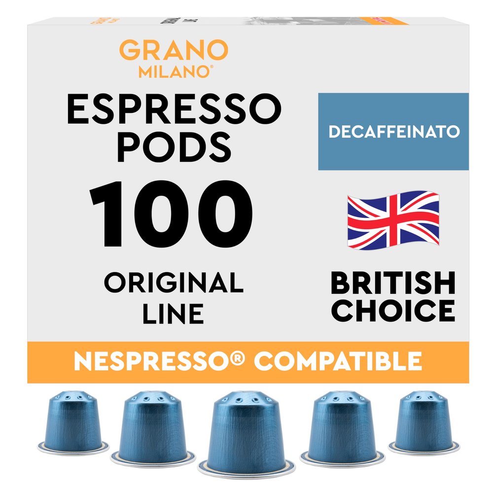 New Grano Milano Decaffeinato Coffee Capsules - 100 Aluminium Coffee Pods Compatible with Nespresso Original line, Medium Roast - Intensity 7/12, Made in Italy