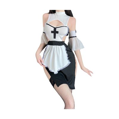 cxbyjyg Sweet maid uniform bare breasts seductive maid dress role play sweet lace maid sexy underwear Black