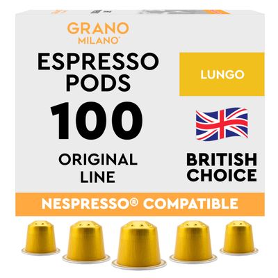 New Grano Milano Lungo Coffee Capsules- 100 Aluminium Coffee Pods Compatible with Nespresso Original line,100% Arabica Medium Roast - Intensity 8/12, Made in Italy
