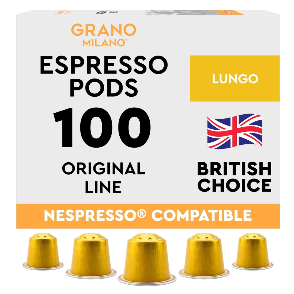 New Grano Milano Lungo Coffee Capsules- 100 Aluminium Coffee Pods Compatible with Nespresso Original line,100% Arabica Medium Roast - Intensity 8/12, Made in Italy