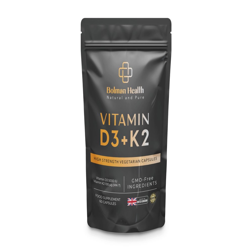 Vitamin D3 + K2 Capsules | High Strength 5000 IU D3 & 100g K2 (MK-7) | Vegetarian HPMC Capsule Shell | Supports Bones, Teeth, Muscles & Immunity | Made in The UK