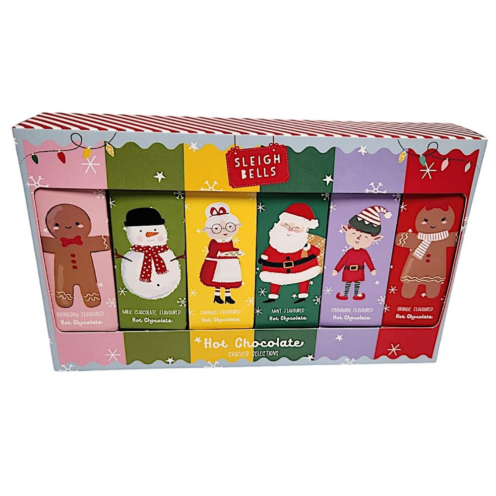 Hot Chocolate Sleigh Bells Cracker Selection 6 Assorted Flavours with Non-Dairy Creamer Cocoa Drink Mix Christmas Drinks