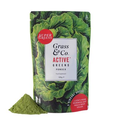 Grass & Co. Active Super Greens | Vegan Daily Greens Powder | 120g | Supports Energy, Digestion & Immunity | with Lions Mane, Moringa & Vitamins C, K2 & D3 | Apple & Ginger Flavour | 30 Day Supply