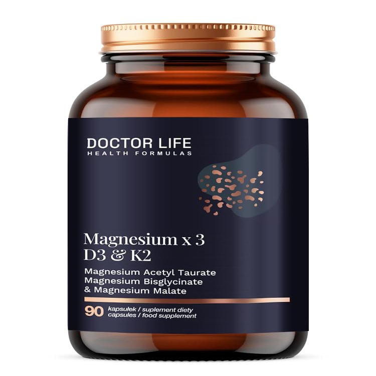 Magnesium x3 with Vitamin D3 & K2 - for Brain, Bone, Muscle, Heart and Cardiovascular Health - Triple Magnesium Blend with Glycinate, Acetyl Taurinate and Malate (90 Capsules)