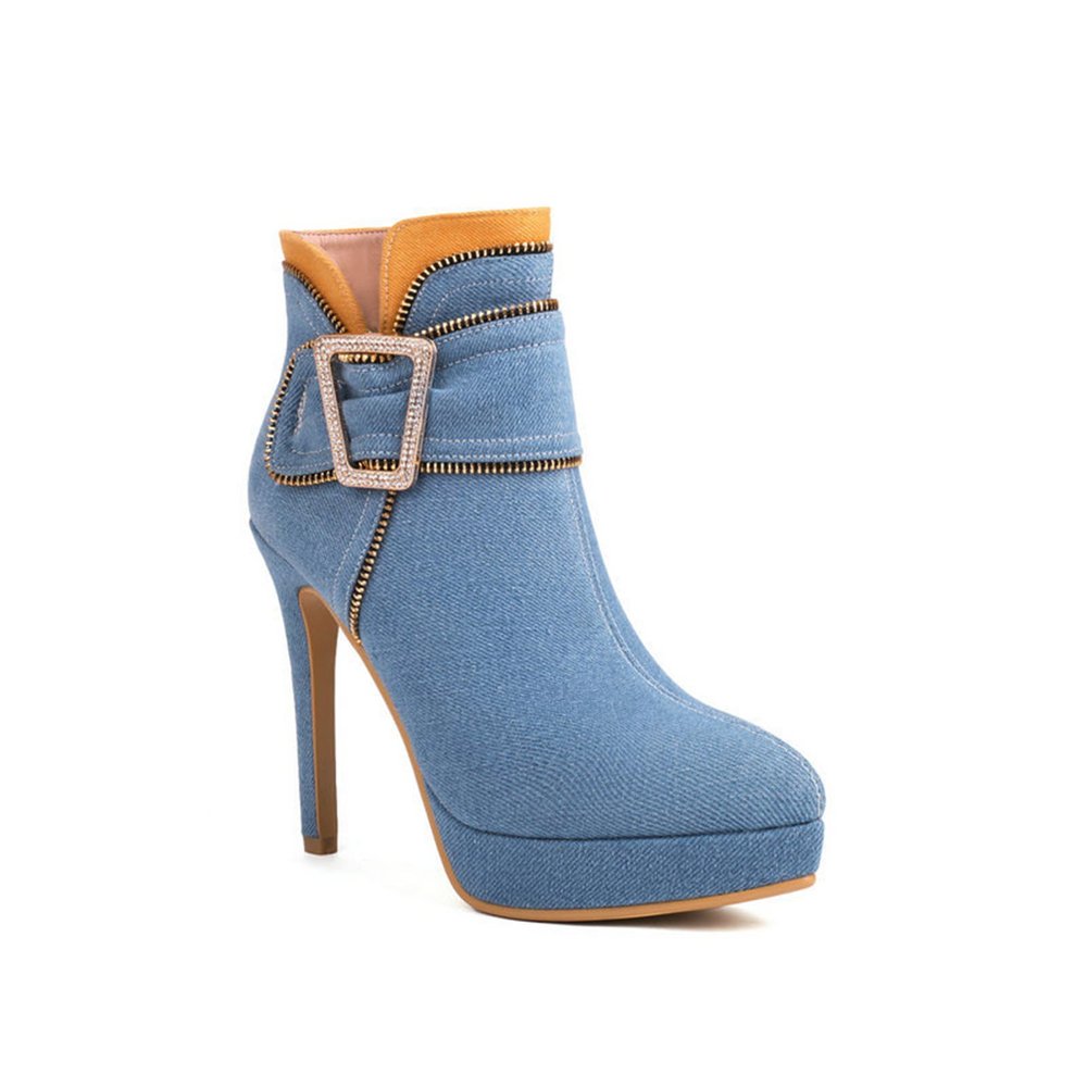 WOkismD 11.5CM Ankle Boots Women Stiletto Short Boots Women Autumn Winter Denim Fabric Belt Buckle High Heels,Blue,44