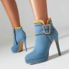 WOkismD 11.5CM Ankle Boots Women Stiletto Short Boots Women Autumn Winter Denim Fabric Belt Buckle High Heels,Blue,44 view 3