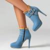 WOkismD 11.5CM Ankle Boots Women Stiletto Short Boots Women Autumn Winter Denim Fabric Belt Buckle High Heels,Blue,44 view 4