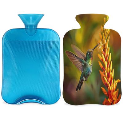 Green Hummingbird Floral Hot Water Bottle with Cover, Spring Bird Flower 2L Hot Water Bag for Pain Relief, Neck and Shoulder, Hand Feet Warmer