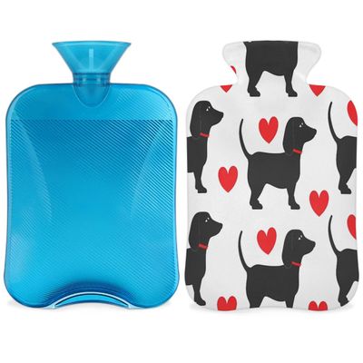 Cute Dachshund Dog Love Heart Hot Water Bottle with Cover, 2L Hot Water Bag for Pain Relief, Neck and Shoulder, Hand Feet Warmer