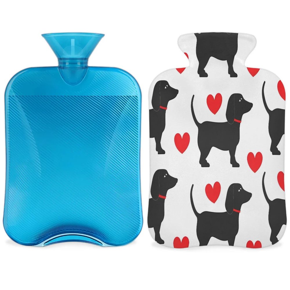 Cute Dachshund Dog Love Heart Hot Water Bottle with Cover, 2L Hot Water Bag for Pain Relief, Neck and Shoulder, Hand Feet Warmer