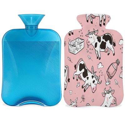 Pink Cows Hot Water Bottle with Cover, Cute Cow Pattern 2L Hot Water Bag for Pain Relief, Neck and Shoulder, Hand Feet Warmer