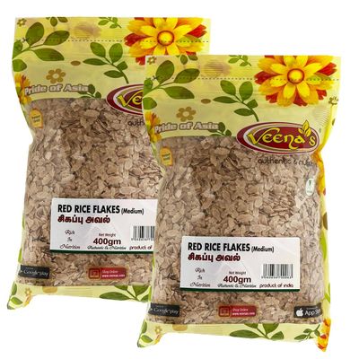 Veena's Red Rice Flakes - 400g, High in Fiber and Nutrients, Perfect for Healthy Breakfast, Snacks and Indian Dishes, Quick Cooking, Product from India Pack of 2