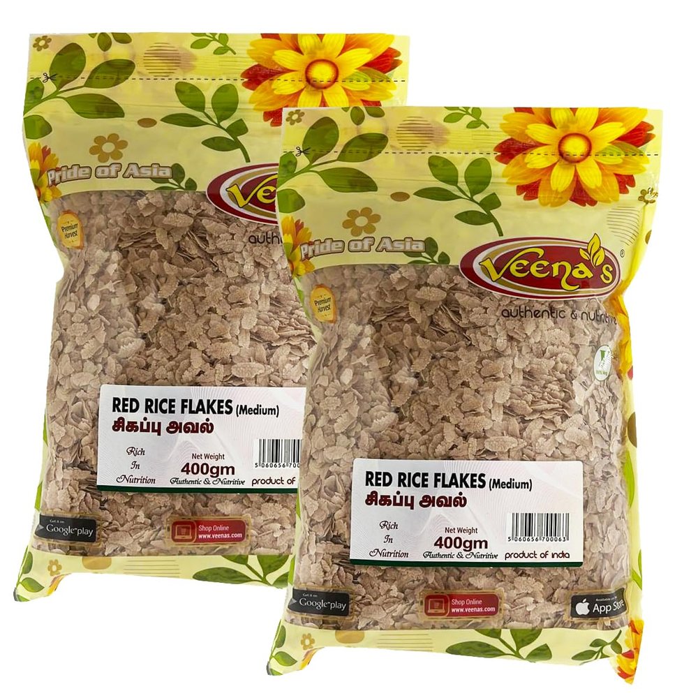 Veena's Red Rice Flakes - 400g, High in Fiber and Nutrients, Perfect for Healthy Breakfast, Snacks and Indian Dishes, Quick Cooking, Product from India Pack of 2
