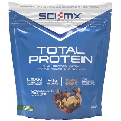 SCI-MX Total Protein - Concentrate & Isolate Protein Powder - Lean Muscle Development - Chocolate Orange No Added Sugar 4.1g BCAAs + 21g Protein per Serving 900g