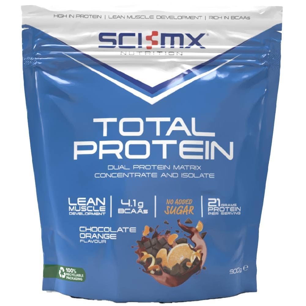 SCI-MX Total Protein - Concentrate & Isolate Protein Powder - Lean Muscle Development - Chocolate Orange No Added Sugar 4.1g BCAAs + 21g Protein per Serving 900g