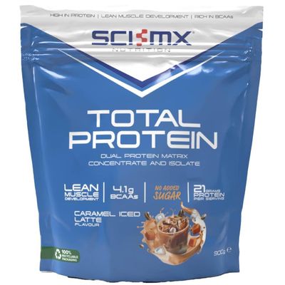 SCI-MX Total Protein - Concentrate & Isolate Protein Powder - Lean Muscle Development - Caramel Iced Late No Added Sugar 4.2g BCAAs + 21g Protein per Serving 900g