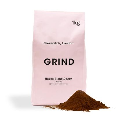 Grind Decaf House Blend Ground Coffee  1kg Bag  Medium Roast  100% Arabica  Natural Decaffeination Process  Suitable for Cafetire, Moka Pot, AeroPress and Filter Brew  Ethically Sourced