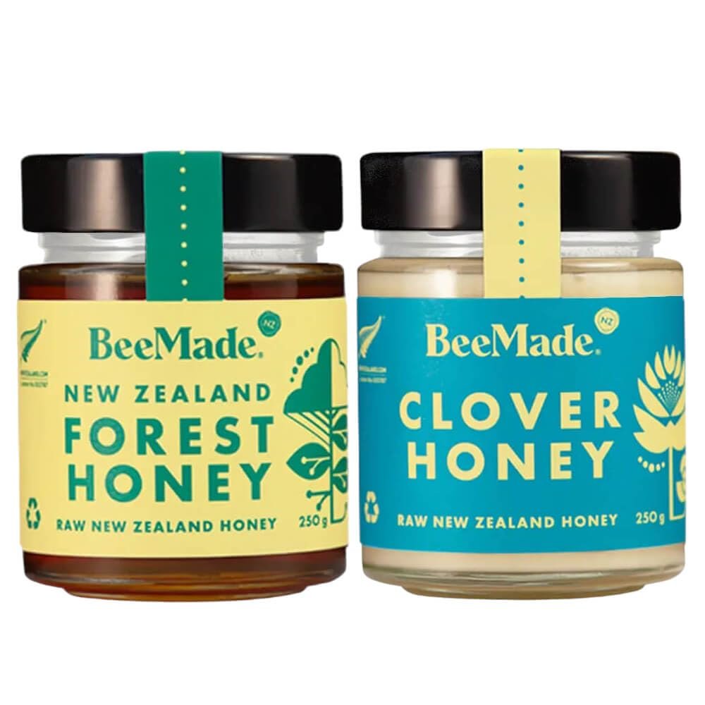 BeeMade - Harvest New Zealand Raw Honey Duo 250g x 2 Jars | 100% Pure Honey | Clover Honey & Forest Honey Pack of 2 | All Natural Honey Gift Sets