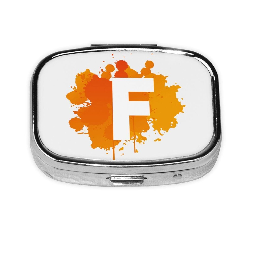 Custom Initials Pill Box Organiser with Your Name, Colourful Personalised Pill Holder Container for Vitamins with Text Ideal for Travel, Pocket, and Purse, Splatter Letter F