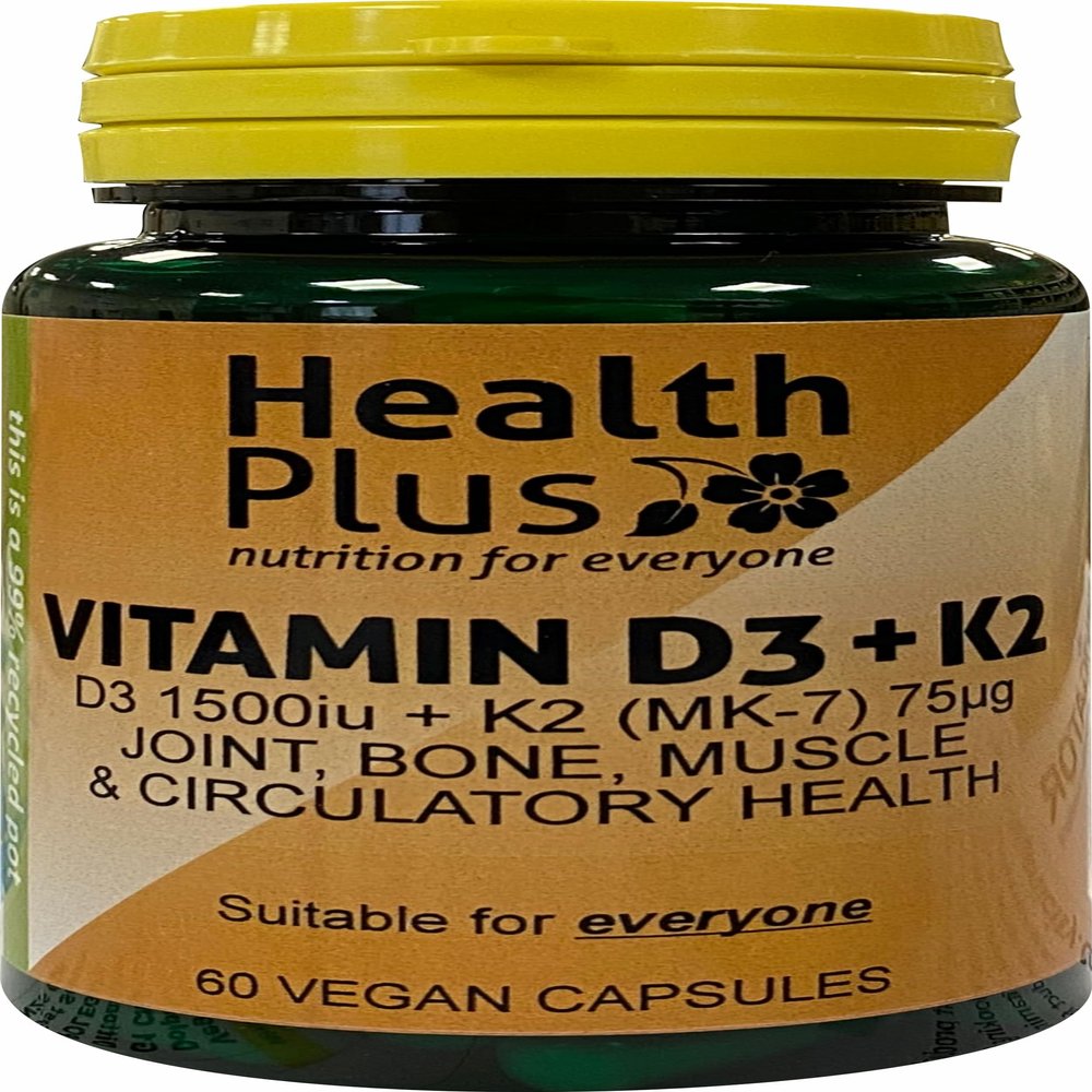 Health Plus Vitamin D3 1500iu (38g) + K2 (MK-7) 75g : Vitamin D & K2 Supplement : 60 Vegan Capsules, in a Planet-Friendly 99% Recycled Pot