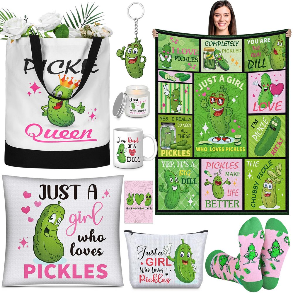 Buryeah 9 Pcs Funny Pickle Gifts for Pickle Lovers Christmas Pickle Themed Gifts for Women Pickle Printed 60 x 50'' Blanket Mug Makeup Bag Tote Bag Pillowcase Socks Keychain Candle Card for Employee