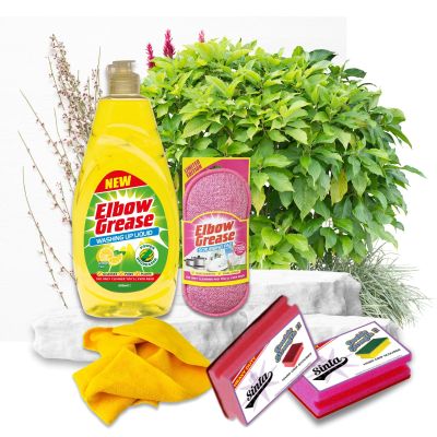 Elbow Grease Kitchen Utensils Cleaning Bundle | Washing Up Liquid, Scrubbing Pad, Scourer & Cleaning Cloth for Glass, Plates, Forks & Spoons | Grease Remover Set for Dishes & Cutlery by Sinta Gifts