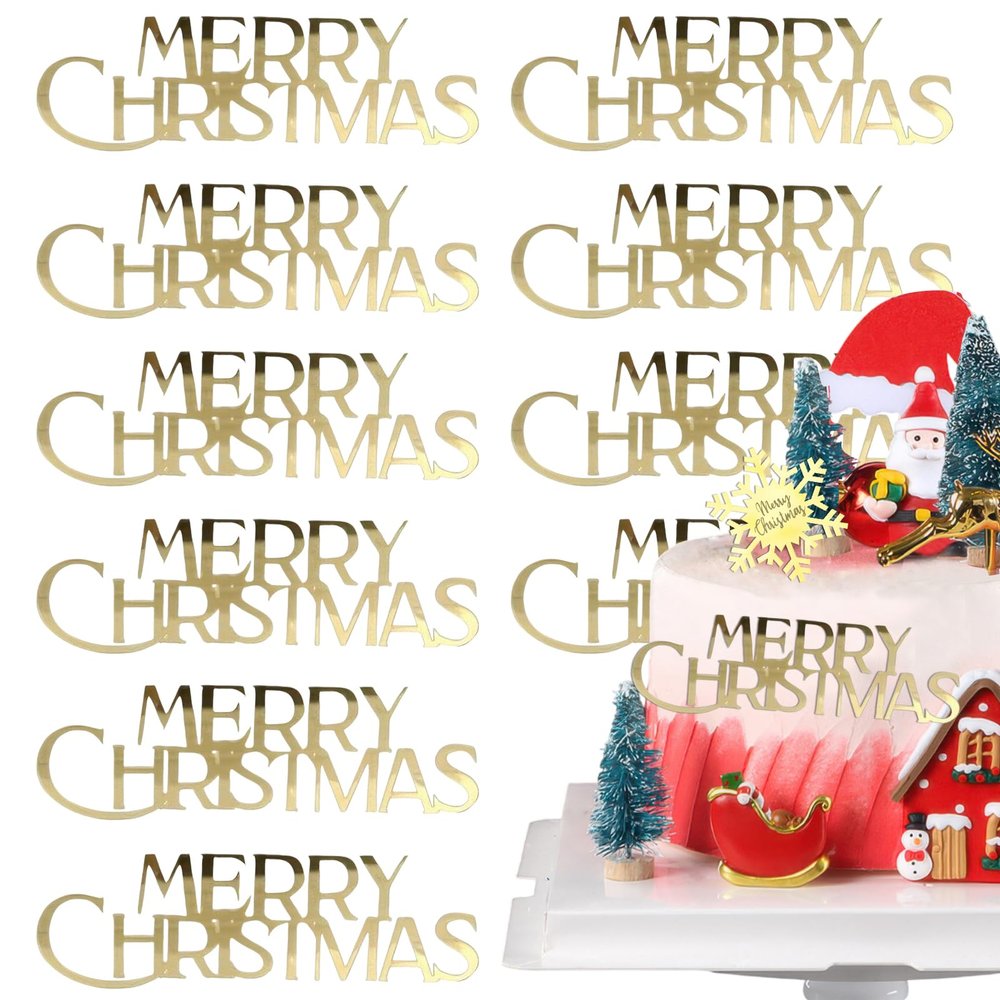 10Pcs Mirror Gold Merry Christmas Cake Toppers Acrylic Cake Topper Christmas Cake Decorations Merry Christmas Cake Engraved Cake Topper Cupcake Decorations for Christmas Party