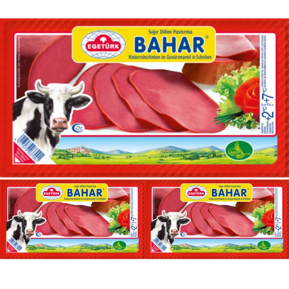 Egeturk Bahar Pastrami Beef Pastirma Salami Turkish Taste Halal Meat 100 Gram x 3 Pack by Pufai