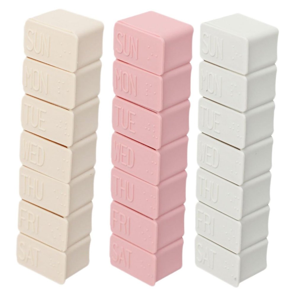 Beaupretty Weekly 7-grids Medicine Storage Case 3pcs Portable Single Row Pill Organizer Container for Travel Daily Medication Management (White, Pink, Apricot