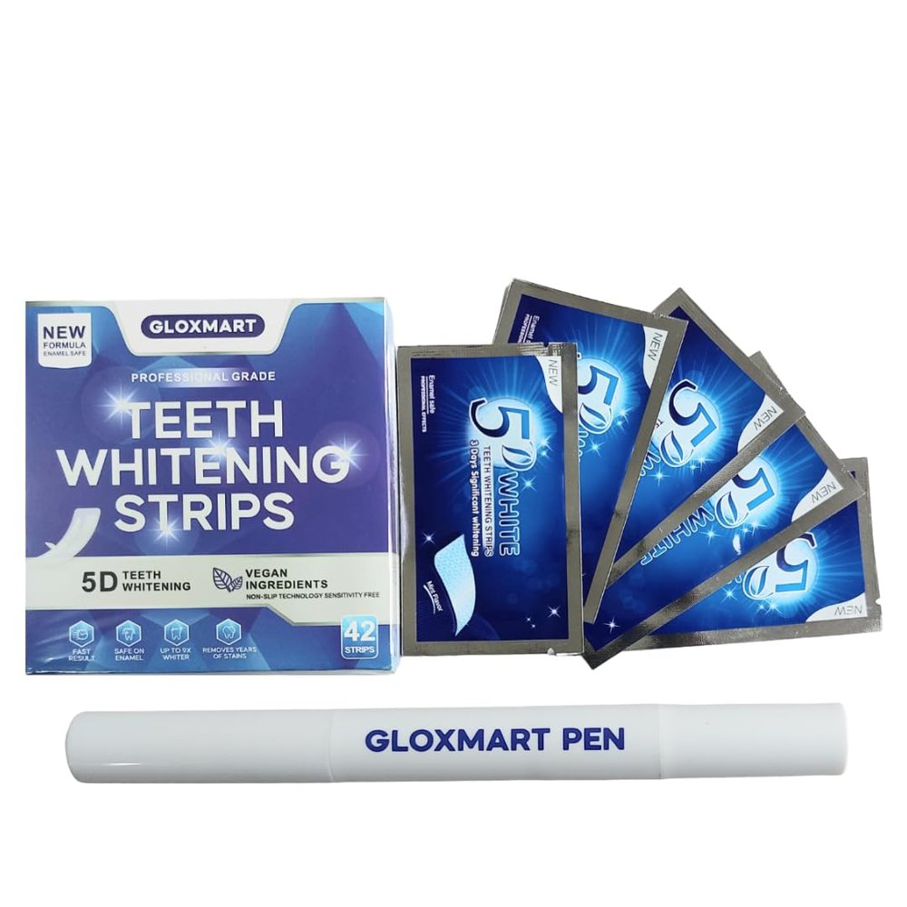 Teeth Whitening Strip and Gel Pen- Gloxmart Teeth Whitening Kit - Professional Grade Strips & Pen, Enamel Safe, Fast Results, 42 Strips, Sensitivity Free