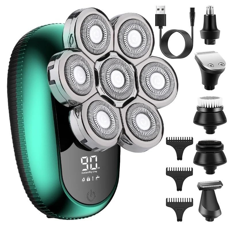 JQUAL Electric Razor for Men, 6 In 1 Electric Head Shaver For Bald Men 7D Floating Cutter Beard USB Charging Trimmer Clipper Shaving