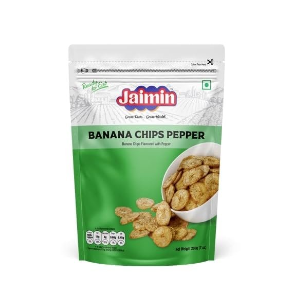 Lily's Indian Vegetarian Cuisine Present Jaimin Khatta Mitha Sweet and Salty Savoury Mix, 200g, Assorted Indian Snack Variety Pack of 1 (1, Banana-Chips-Pepper)