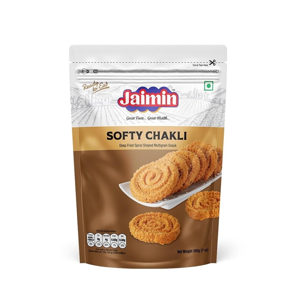 Lily's Indian Vegetarian Cuisine Present Jaimin Khatta Mitha Sweet and Salty Savoury Mix, 200g, Assorted Indian Snack Variety Pack of 1 (1, Softy-Chakli)