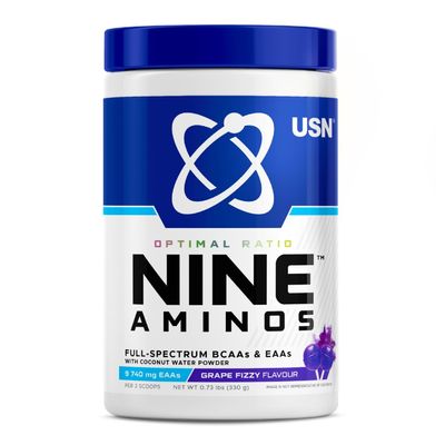USN Nine Aminos  BCAA Amino Acids & EAA Essential Amino Acids Powder with Added Magnesium & Coconut Water Powder to Support Recovery and Hydration. Grape Fizzy Pop Flavour (330g  30 Servings)