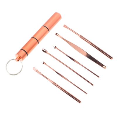 FRCOLOR Ear Picks Stainless Steel Ear Wax Remover Set 6 Pieces Portable Aluminum Alloy Sealed Tube for Home Use Rose Gold
