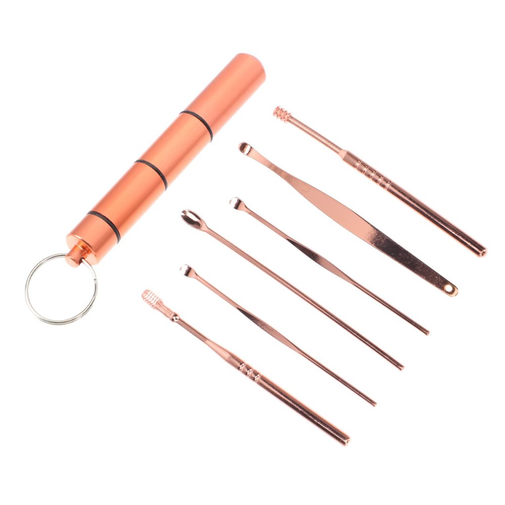 FRCOLOR Ear Picks Stainless Steel Ear Wax Remover Set 6 Pieces Portable Aluminum Alloy Sealed Tube for Home Use Rose Gold