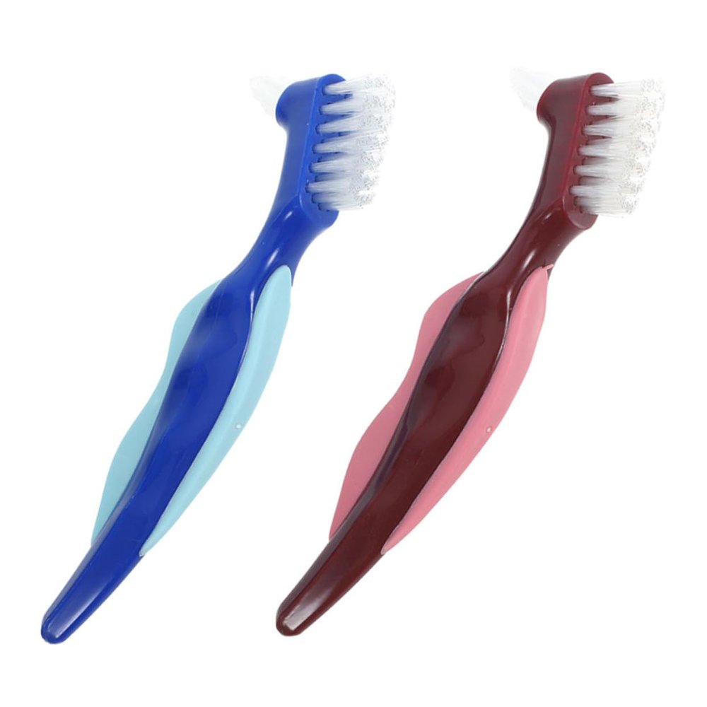 Beaupretty Denture Brush Set 2pcs Dual-Head False Toothbrushes for Denture Cleaning Travel Use with Red and Blue Handles, Soft Bristles for Elderly Oral Care