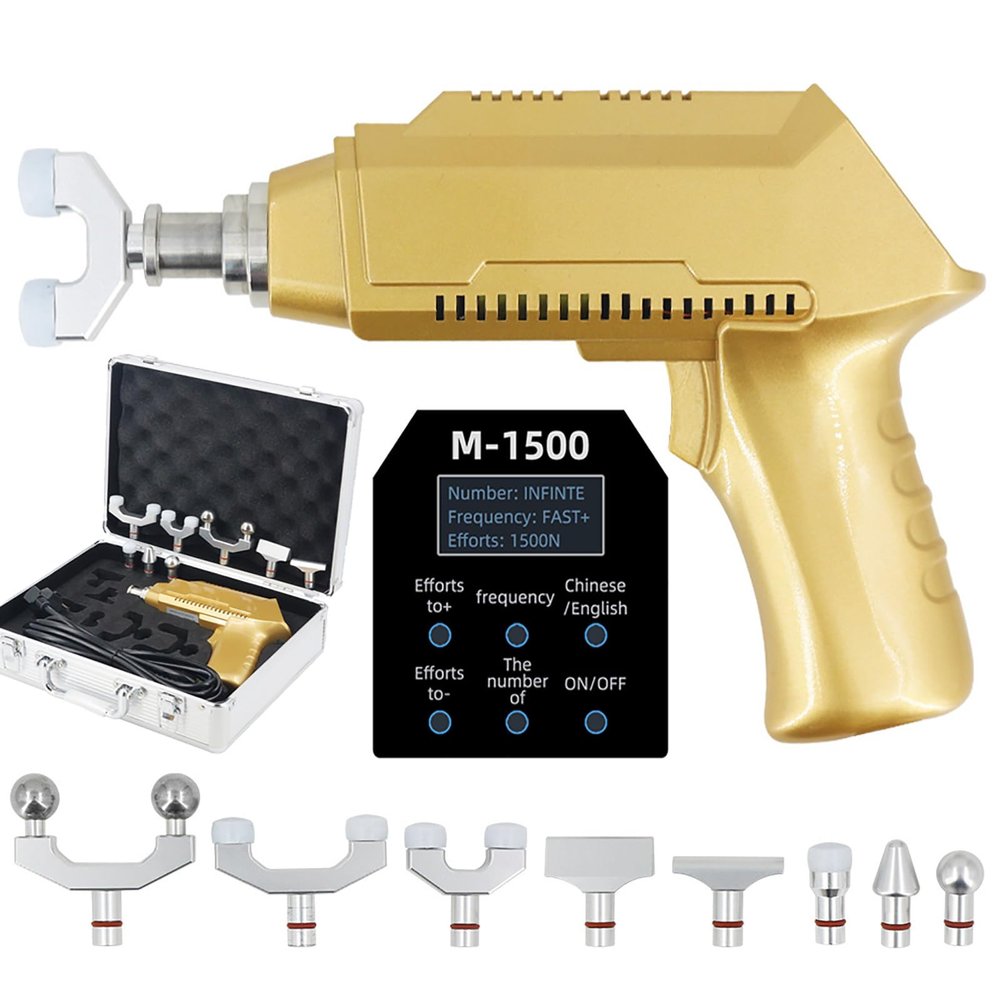 1500N Electric Chiropractic Adjusting Tool, 30 Levels Adjustable Chiropractic Activator Massager (50N-1500N), with 8 Heads, 5 Kinds of Strike Frequency, LCD Display, 2 Languages,Gold