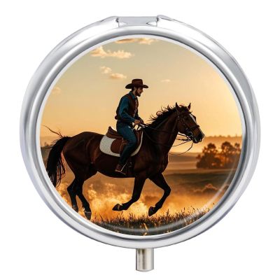3 Compartment Medicine Pill Case Cowboys Riding Horses Printed Round Pill Box Small Pill Organizer Box for Pocket Purse Briefcase Pills Medicine Cod Liver Oil Storage Box Earplug Case